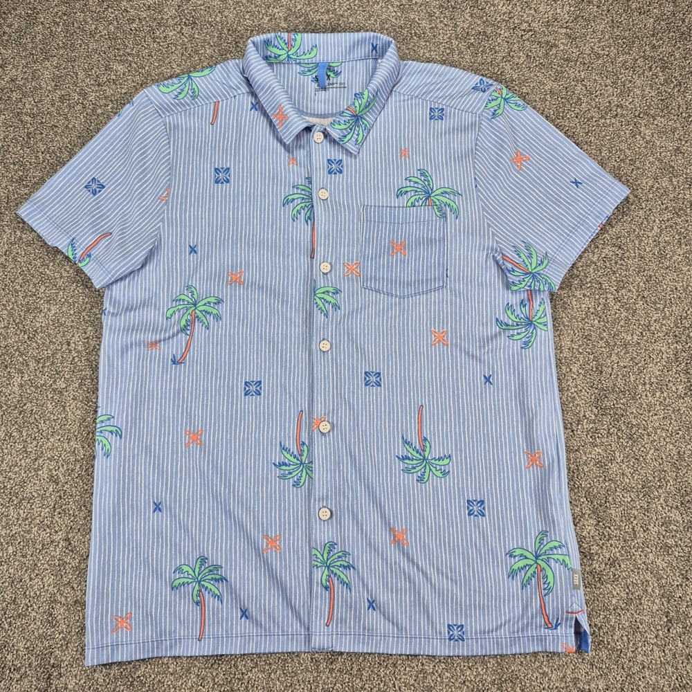 Saxx DropTemp Dry Shirt Mens Large Blue Tropical Palm Stripe Button Up